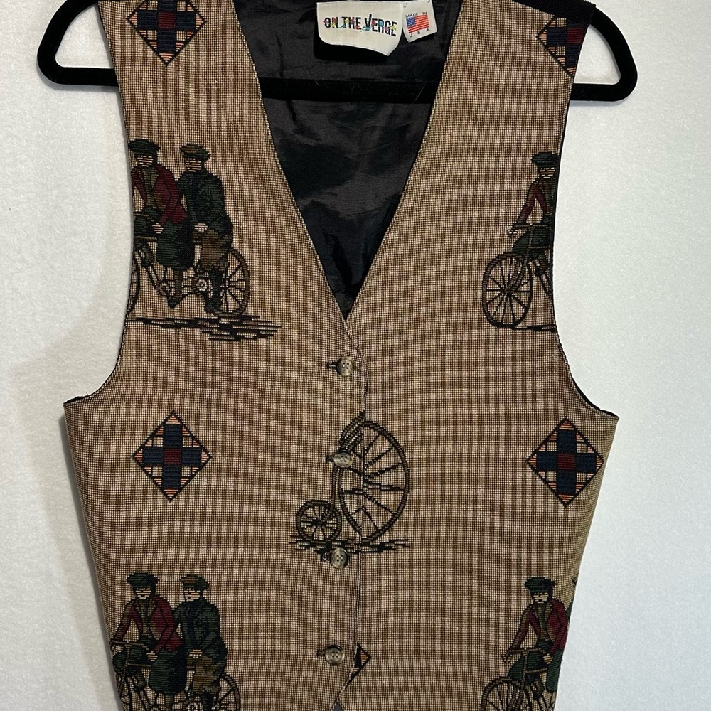 On The Verge Brown Vest with Bicycle Print Size Small